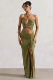 Cabo Olive Ruched Split Maxi Skirt