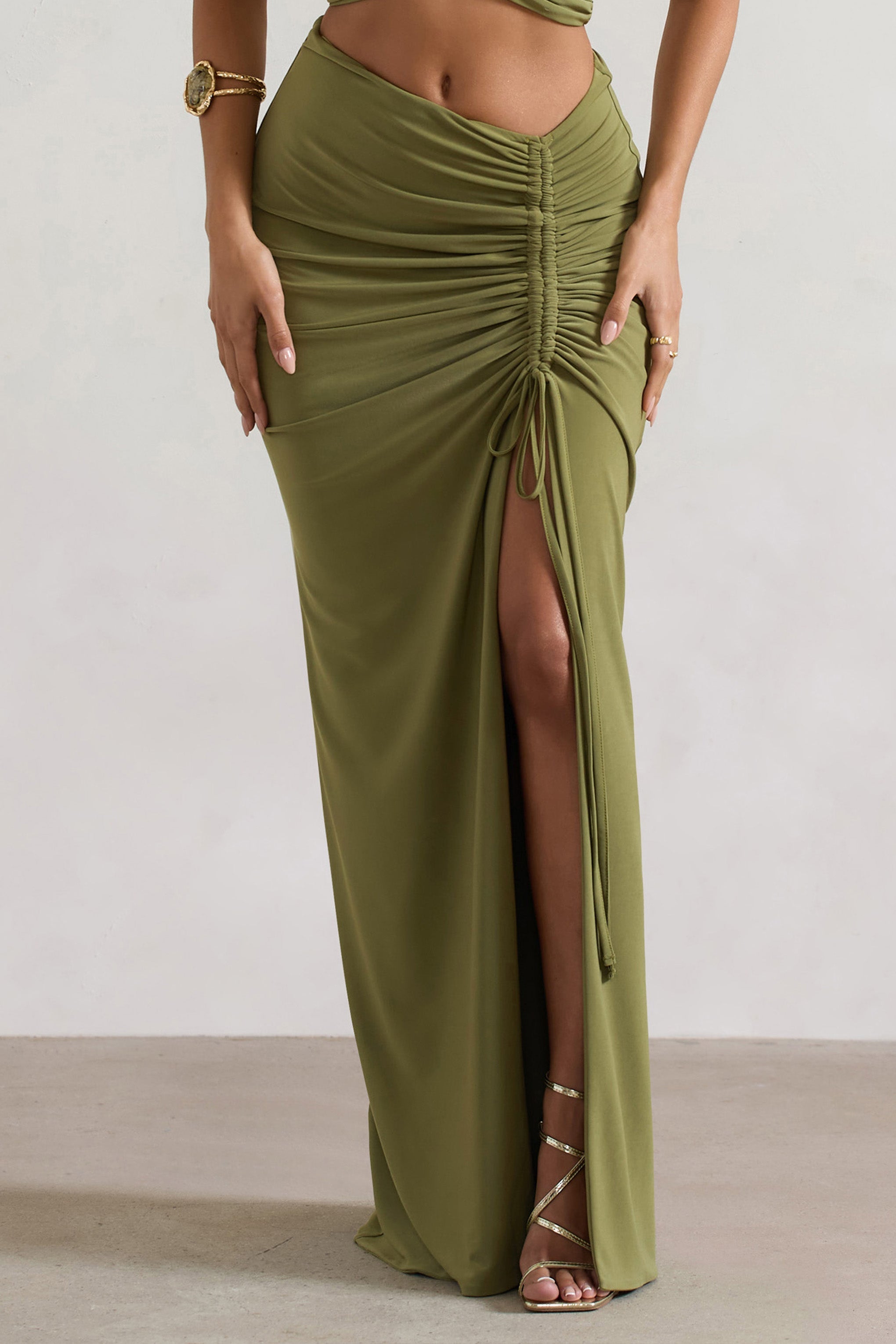 Cabo Olive Ruched Split Maxi Skirt