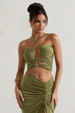 Bora Bora Olive Ruched Halter-Neck Cut-Out Top