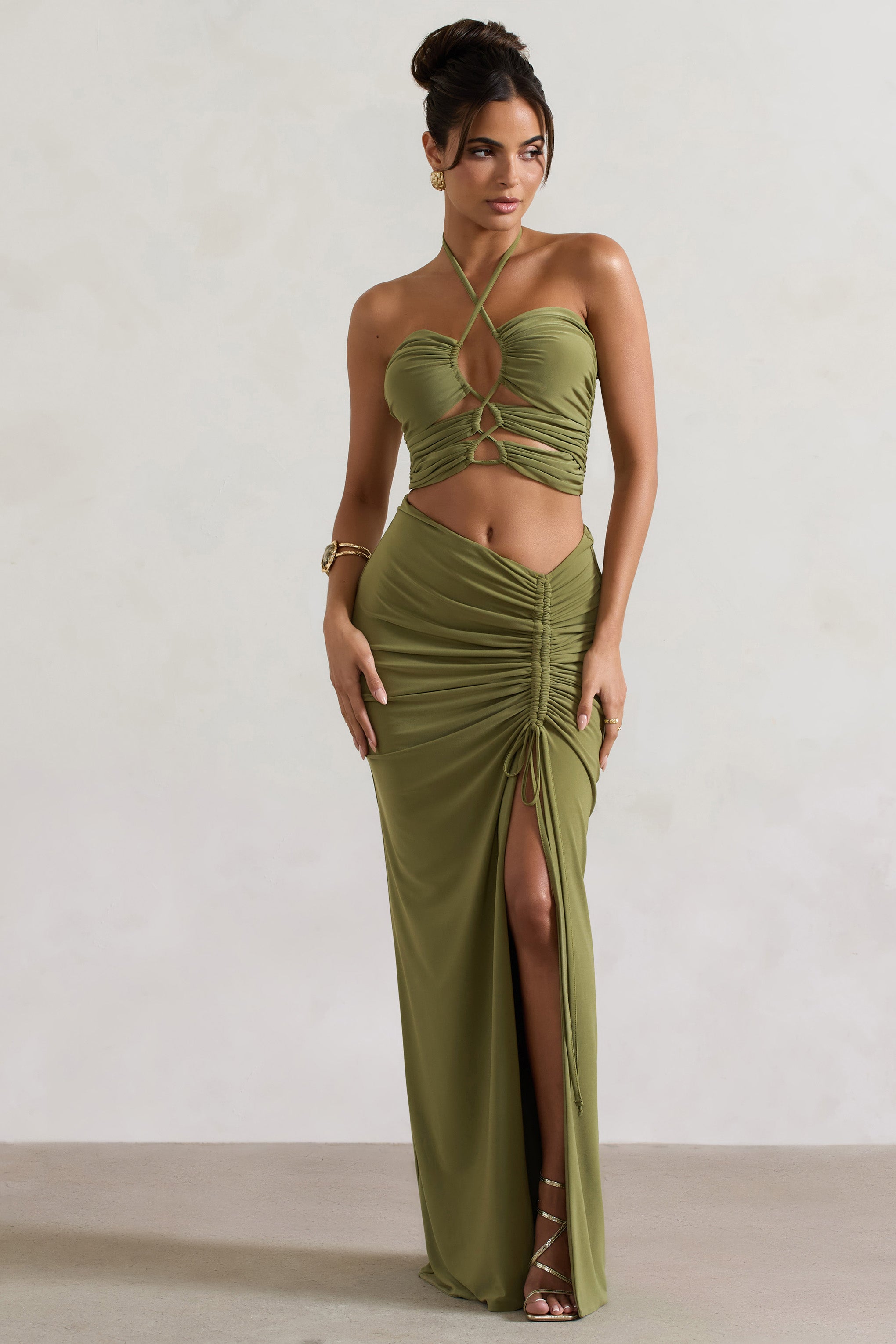 Cabo Olive Ruched Split Maxi Skirt