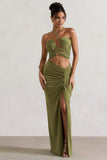 Cabo Olive Ruched Split Maxi Skirt