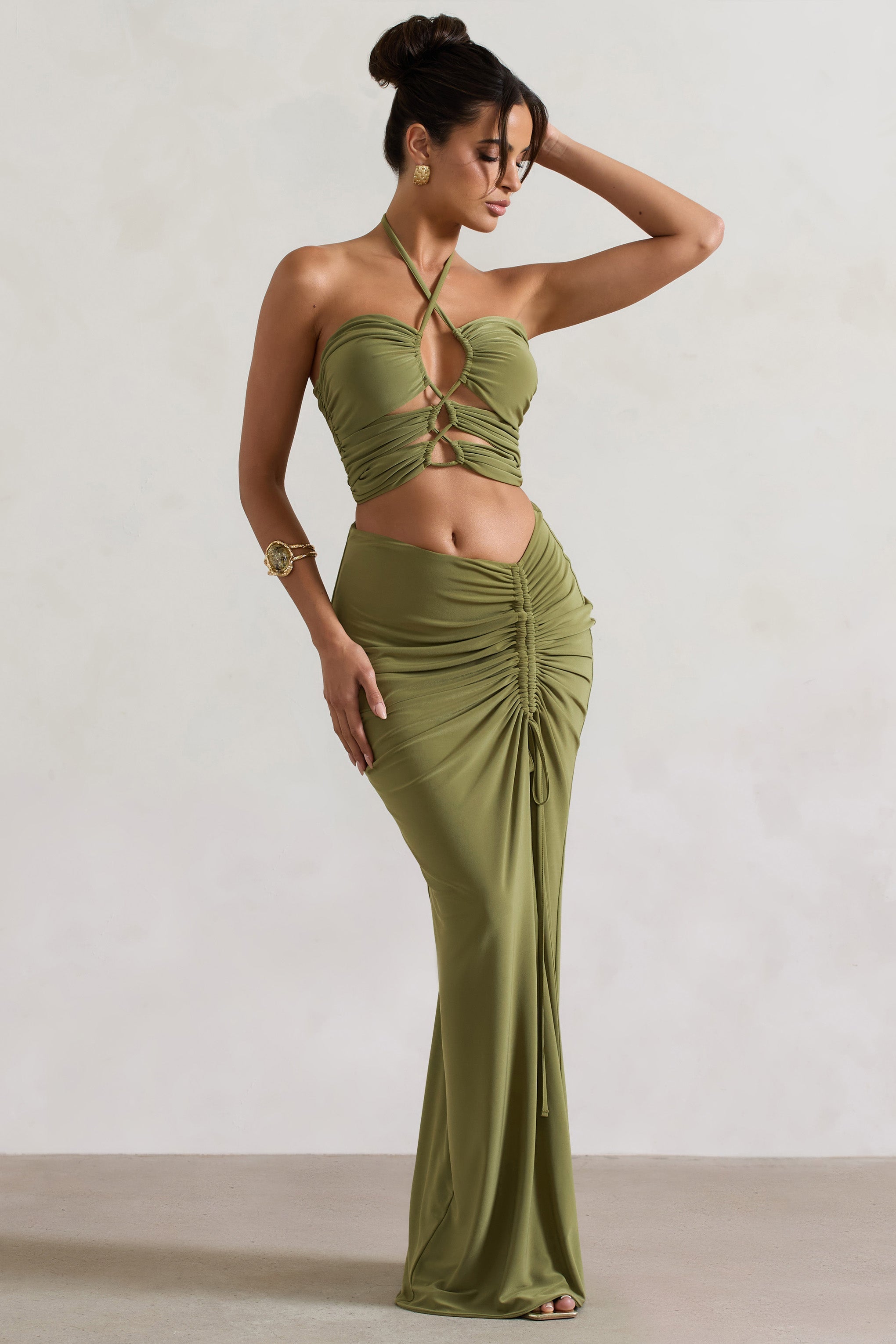 Cabo Olive Ruched Split Maxi Skirt