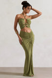 Cabo Olive Ruched Split Maxi Skirt
