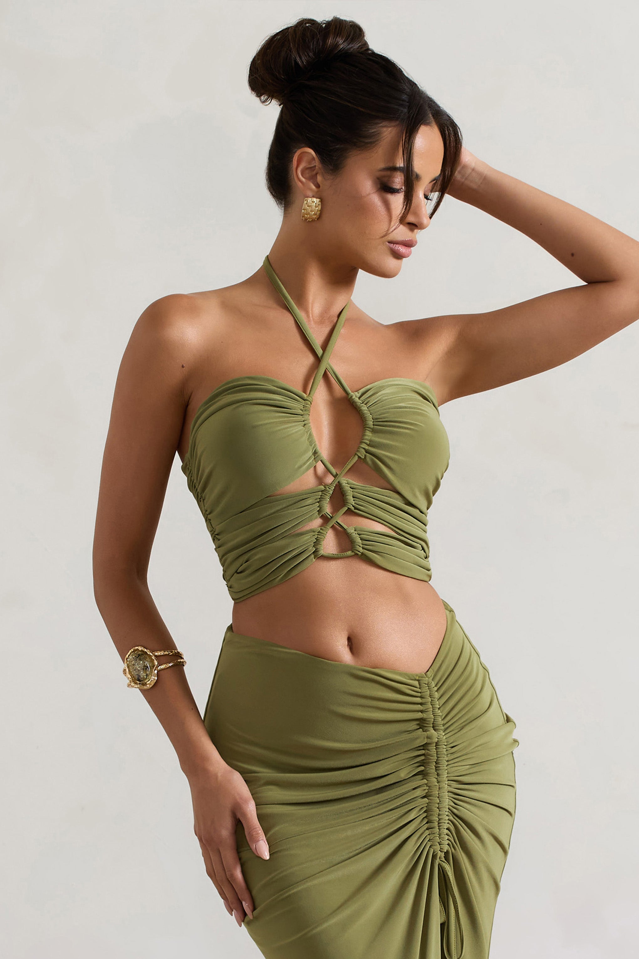 Bora Bora Olive Ruched Halter-Neck Cut-Out Top