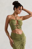 Bora Bora Olive Ruched Halter-Neck Cut-Out Top