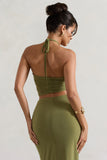Bora Bora Olive Ruched Halter-Neck Cut-Out Top