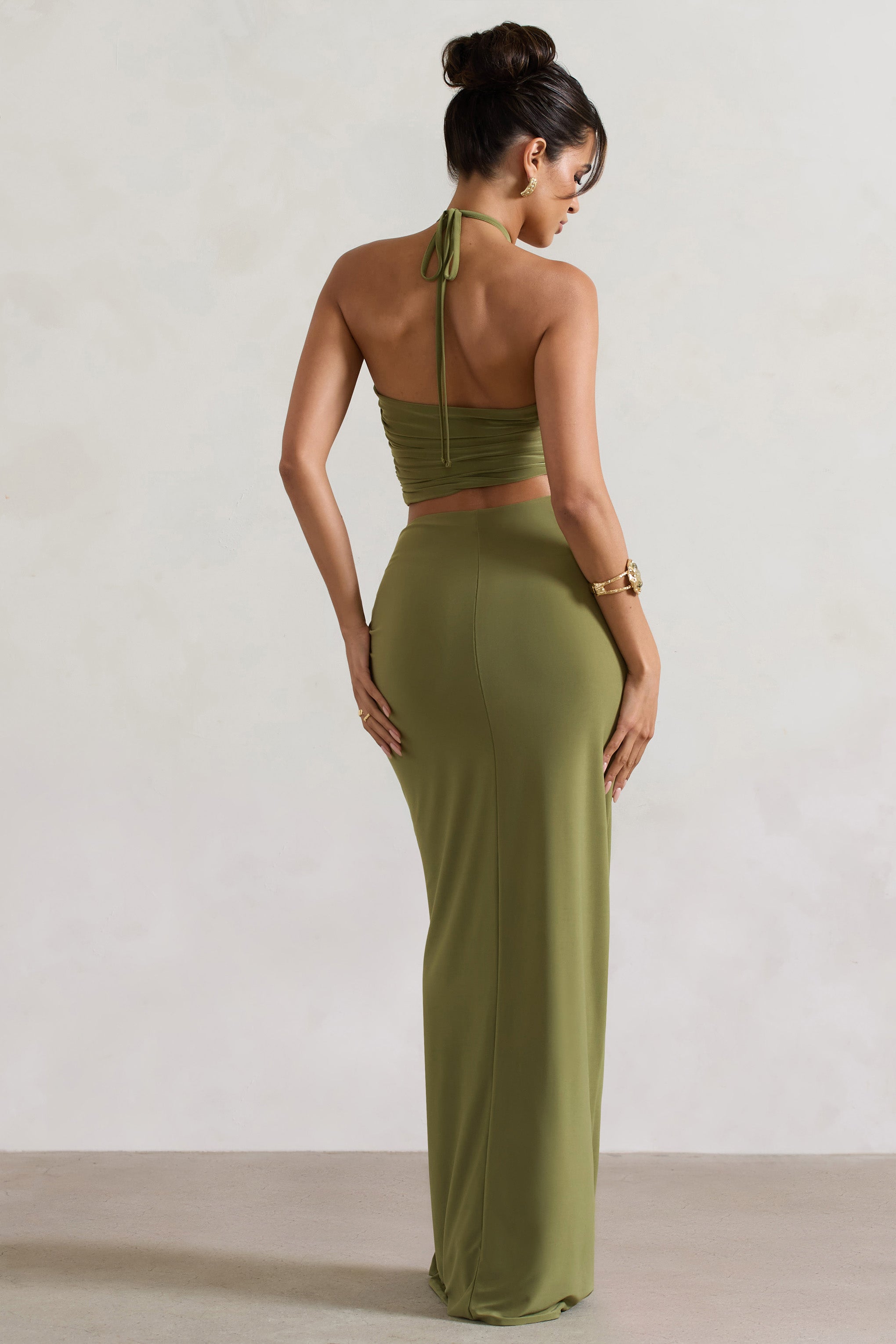 Cabo Olive Ruched Split Maxi Skirt