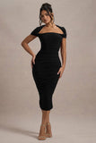 Paxos Black Ruched Short-Sleeve Midi Dress