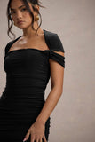 Paxos Black Ruched Short-Sleeve Midi Dress