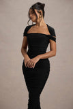 Paxos Black Ruched Short-Sleeve Midi Dress