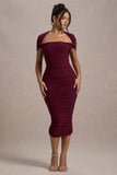 Paxos Burgundy Ruched Short-Sleeve Midi Dress