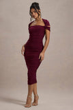 Paxos Burgundy Ruched Short-Sleeve Midi Dress
