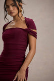 Paxos Burgundy Ruched Short-Sleeve Midi Dress