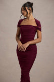 Paxos Burgundy Ruched Short-Sleeve Midi Dress