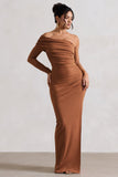 Ecuador Camel Crinkle Asymmetric One-Sleeve Cut-Out Maxi Dress