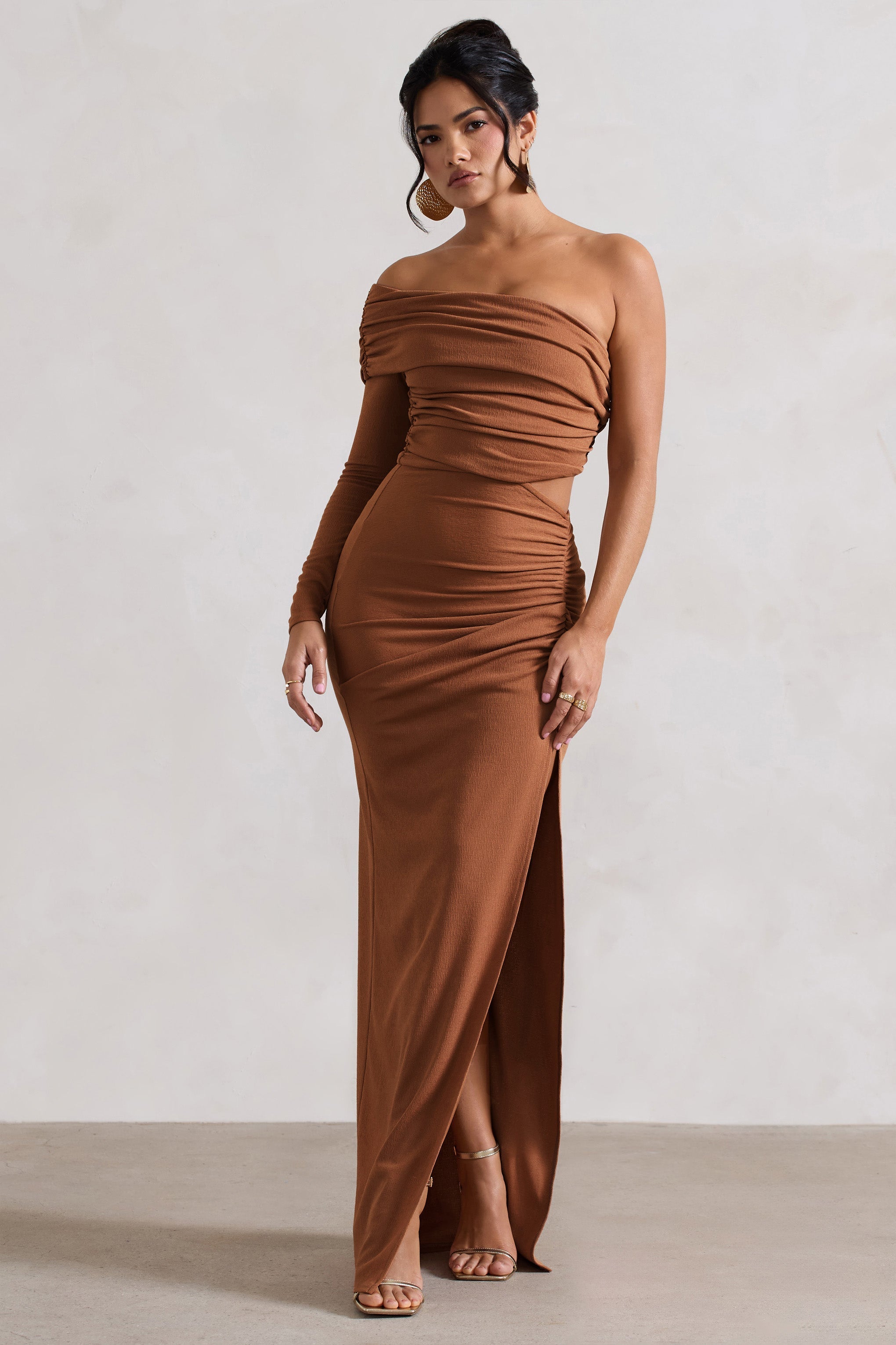Ecuador Camel Crinkle Asymmetric One-Sleeve Cut-Out Maxi Dress
