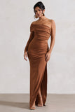 Ecuador Camel Crinkle Asymmetric One-Sleeve Cut-Out Maxi Dress