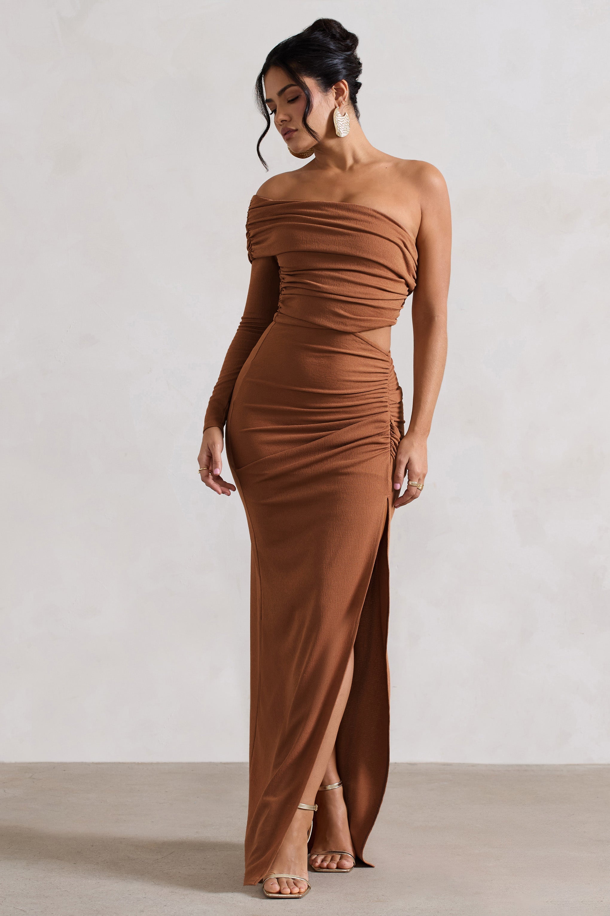 Ecuador Camel Crinkle Asymmetric One-Sleeve Cut-Out Maxi Dress