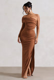 Ecuador Camel Crinkle Asymmetric One-Sleeve Cut-Out Maxi Dress