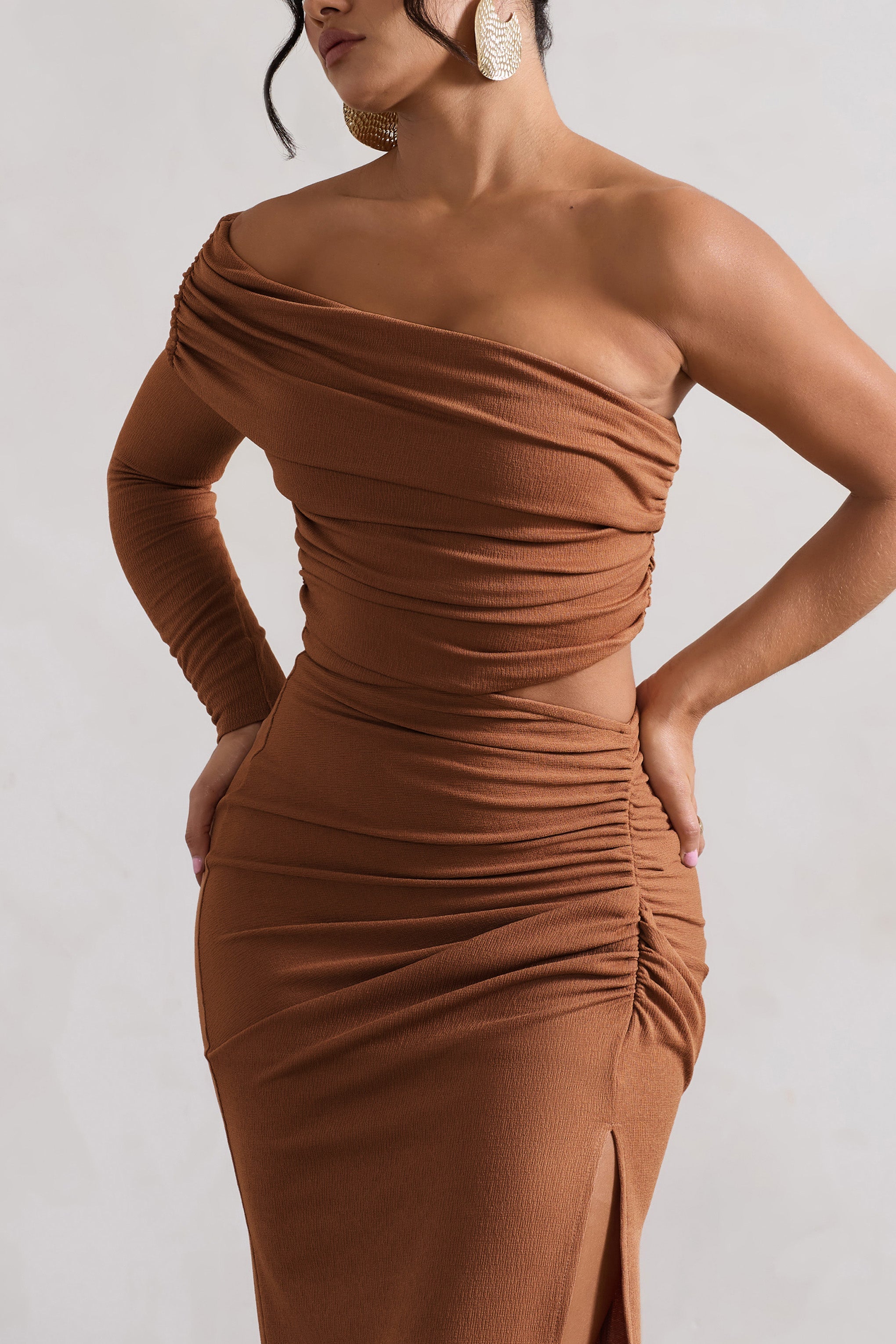 Ecuador Camel Crinkle Asymmetric One-Sleeve Cut-Out Maxi Dress