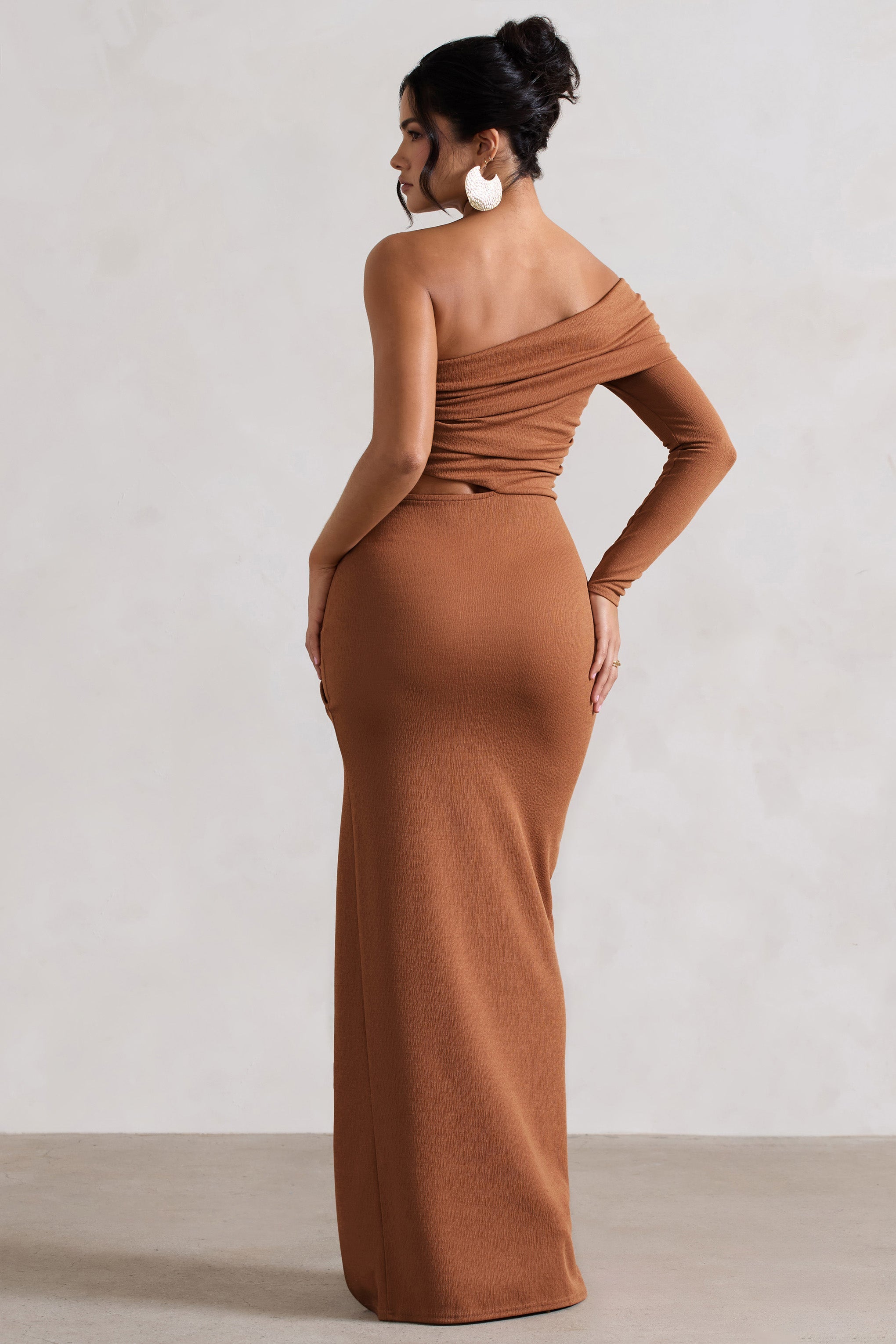 Ecuador Camel Crinkle Asymmetric One-Sleeve Cut-Out Maxi Dress