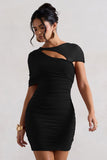 Himalaya Black Ruched Mini Dress With Mesh Overlay