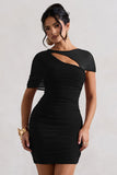 Himalaya Black Ruched Mini Dress With Mesh Overlay