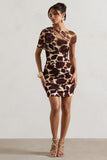 Himalaya Giraffe Print Ruched Mini Dress With Mesh Overlay