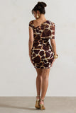 Himalaya Giraffe Print Ruched Mini Dress With Mesh Overlay