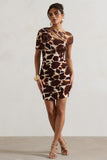 Himalaya Giraffe Print Ruched Mini Dress With Mesh Overlay