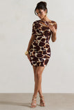 Himalaya Giraffe Print Ruched Mini Dress With Mesh Overlay