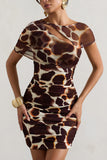 Himalaya Giraffe Print Ruched Mini Dress With Mesh Overlay