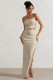 Dominica Ecru Textured Bandeau Cut-Out Split Maxi Dress