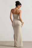 Dominica Ecru Textured Bandeau Cut-Out Split Maxi Dress
