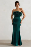 Dress For It Bottle Green Satin Feather Trim Bandeau Maxi Dress