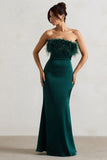 Dress For It Bottle Green Satin Feather Trim Bandeau Maxi Dress