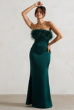 Dress For It Bottle Green Satin Feather Trim Bandeau Maxi Dress