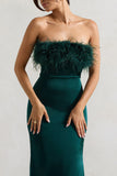 Dress For It Bottle Green Satin Feather Trim Bandeau Maxi Dress