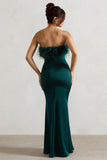 Dress For It Bottle Green Satin Feather Trim Bandeau Maxi Dress