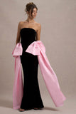 Attention Black Strapless Maxi Dress With Pink Satin Bows