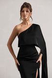 Amora Black Satin Asymmetric Cape-Sleeve Split Maxi Dress