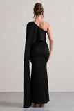 Amora Black Satin Asymmetric Cape-Sleeve Split Maxi Dress