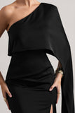 Amora Black Satin Asymmetric Cape-Sleeve Split Maxi Dress