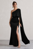 Amora Black Satin Asymmetric Cape-Sleeve Split Maxi Dress