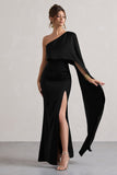 Amora Black Satin Asymmetric Cape-Sleeve Split Maxi Dress