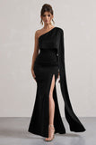 Amora Black Satin Asymmetric Cape-Sleeve Split Maxi Dress