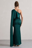 Amora Bottle Green Satin Asymmetric Cape-Sleeve Split Maxi Dress