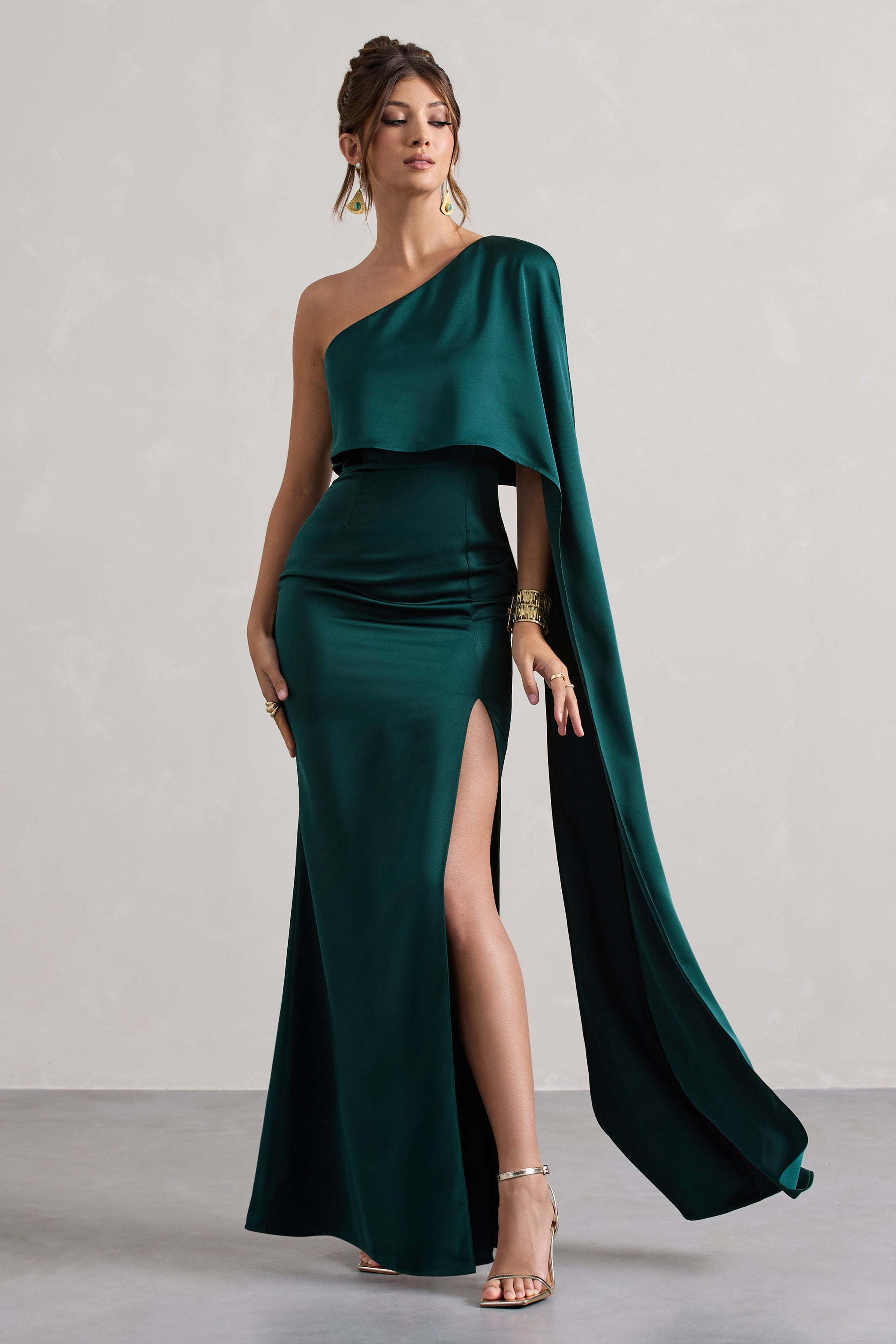 Amora Bottle Green Satin Asymmetric Cape-Sleeve Split Maxi Dress