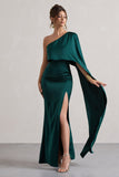Amora Bottle Green Satin Asymmetric Cape-Sleeve Split Maxi Dress