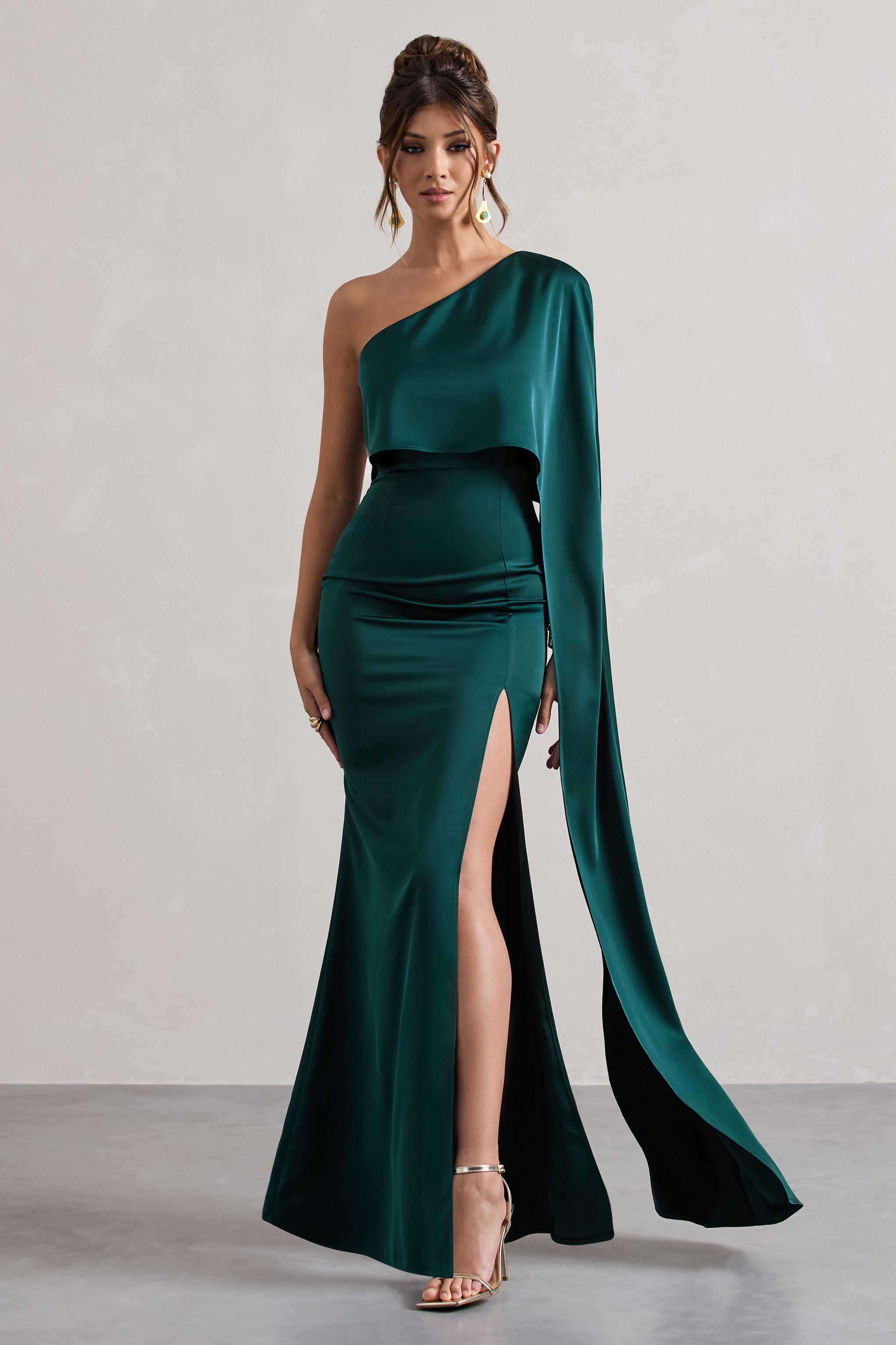 Amora Bottle Green Satin Asymmetric Cape-Sleeve Split Maxi Dress